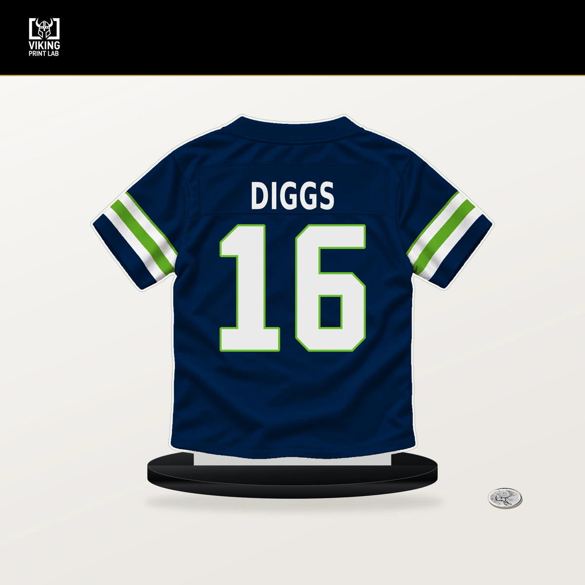 Trevon Diggs number 16 Seattle Seahawks jersey stand with included black base.