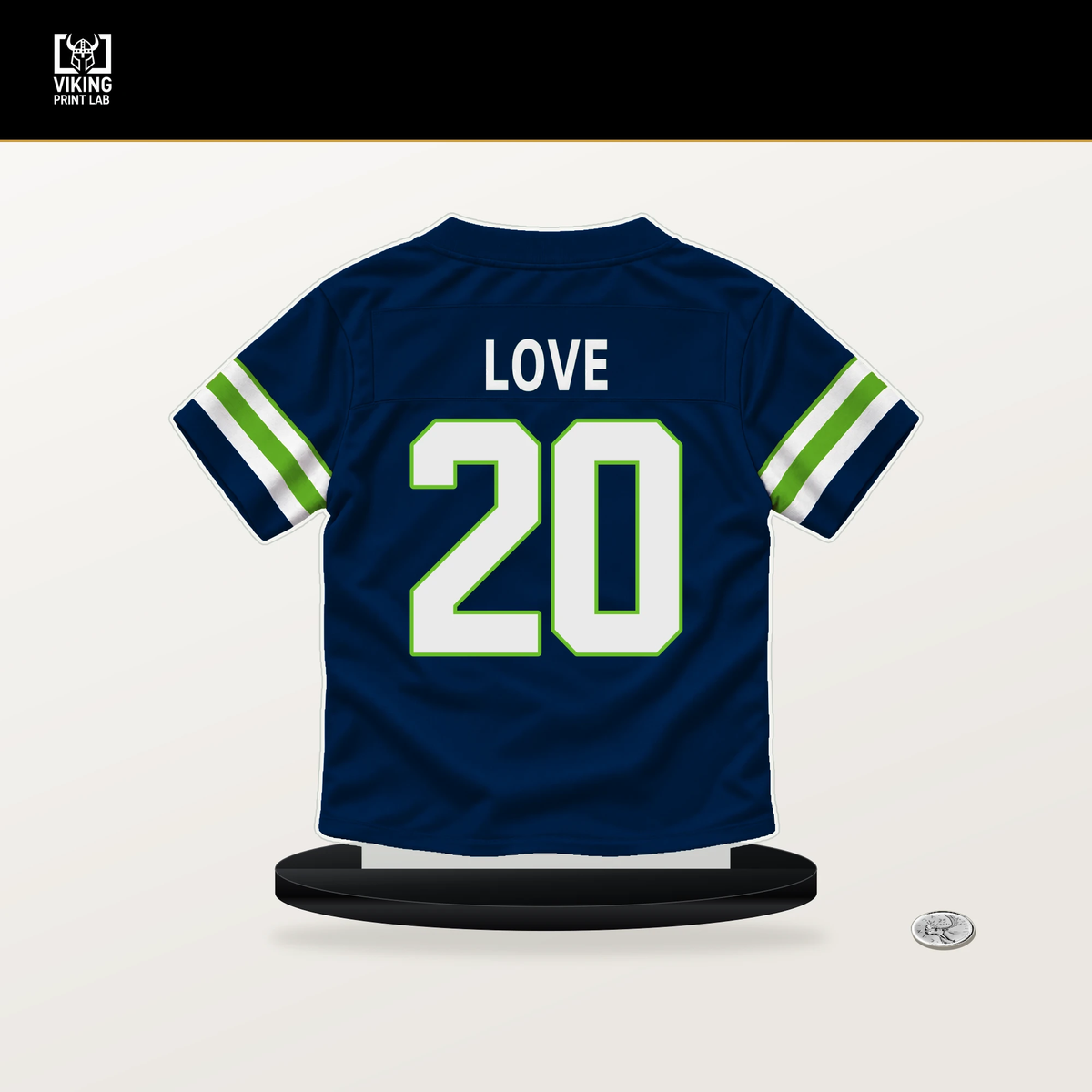 Julian Love number 20 Seattle Seahawks jersey stand with included black base.