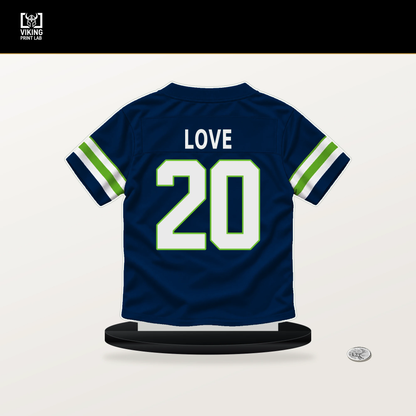 Julian Love number 20 Seattle Seahawks jersey stand with included black base.