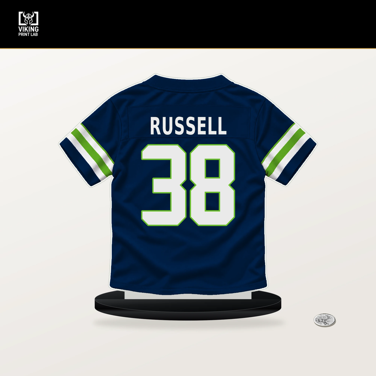 Brady Russell number 38 Seattle Seahawks jersey stand with included black base.