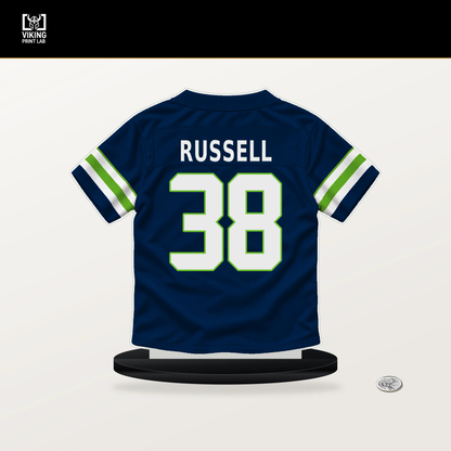 Brady Russell number 38 Seattle Seahawks jersey stand with included black base.
