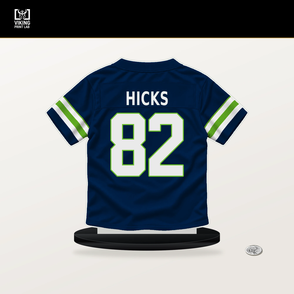 Julian Hicks number 82 Seattle Seahawks jersey stand with included black base.