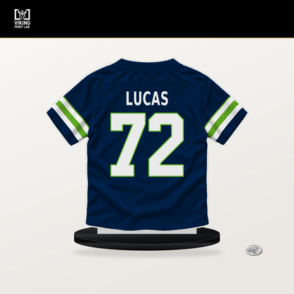 Abraham Lucas number 72 Seattle Seahawks jersey stand with included black base.