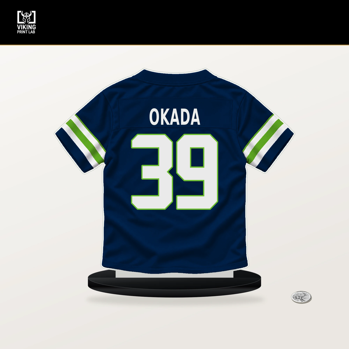 Ty Okada number 39 Seattle Seahawks jersey stand with included black base.