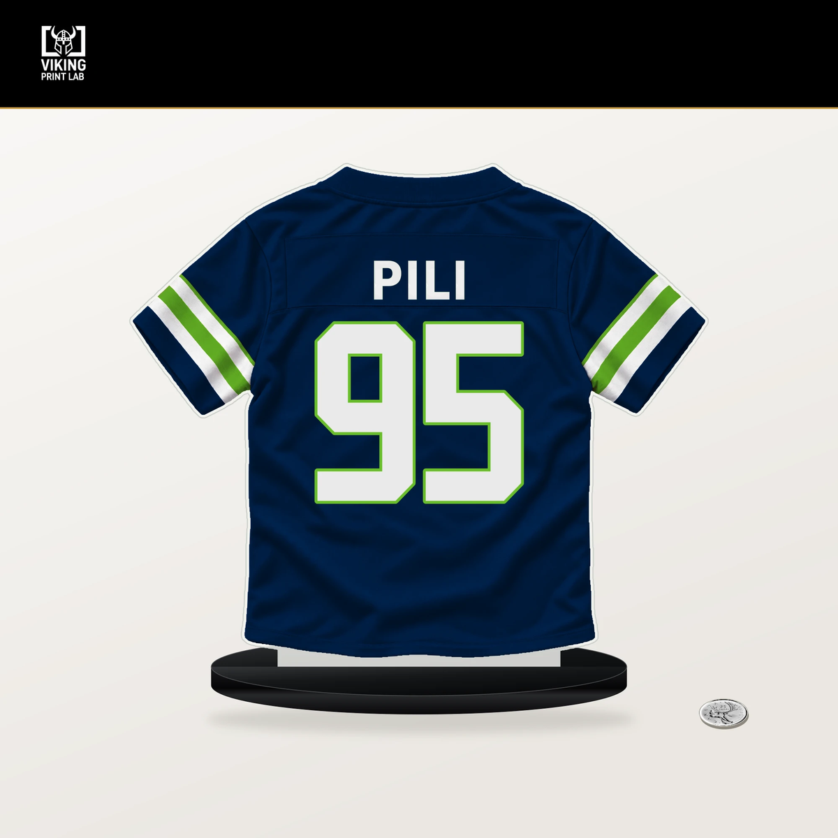 Brandon Pili number 95 Seattle Seahawks jersey stand with included black base.