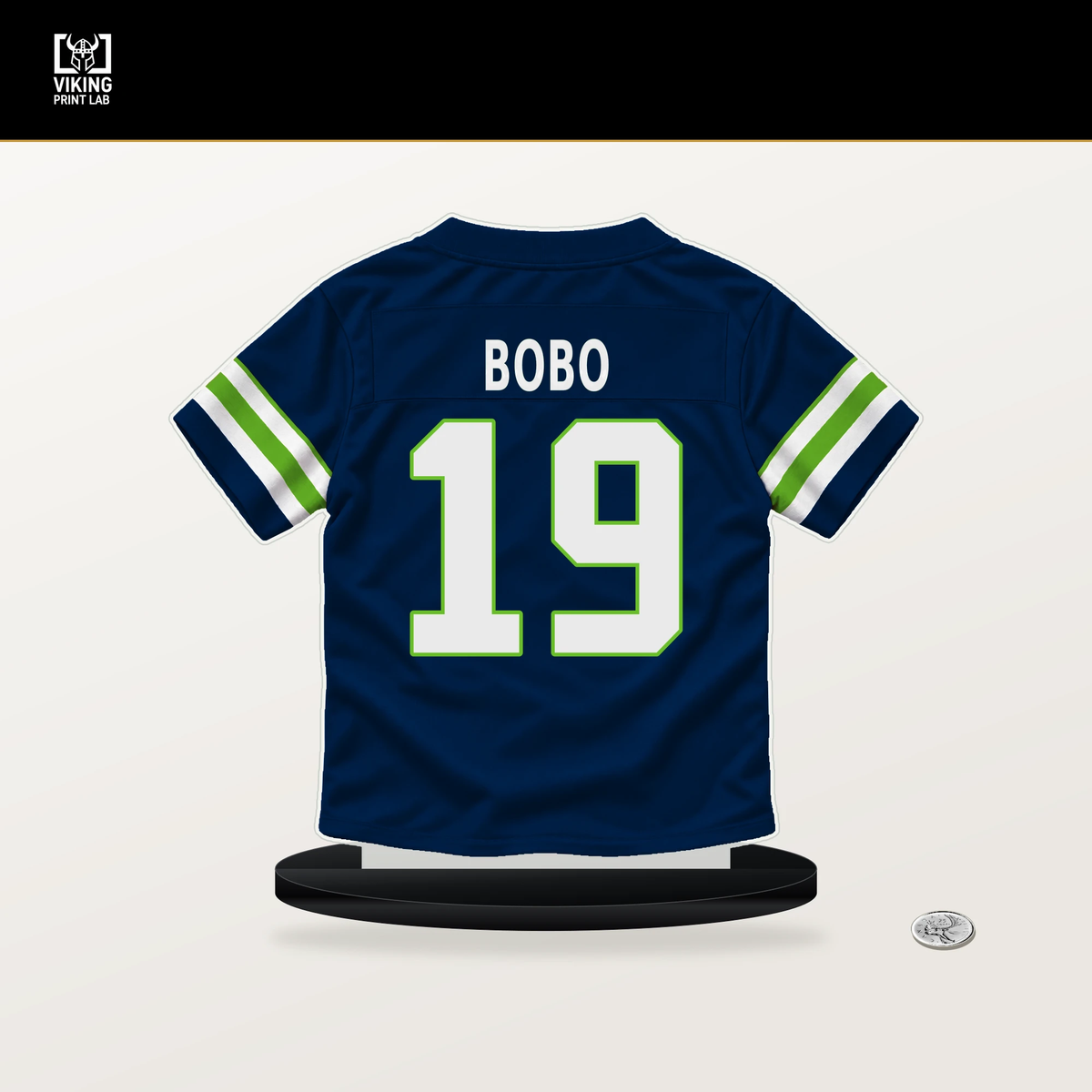 Jake Bobo number 19 Seattle Seahawks jersey stand with included black base.