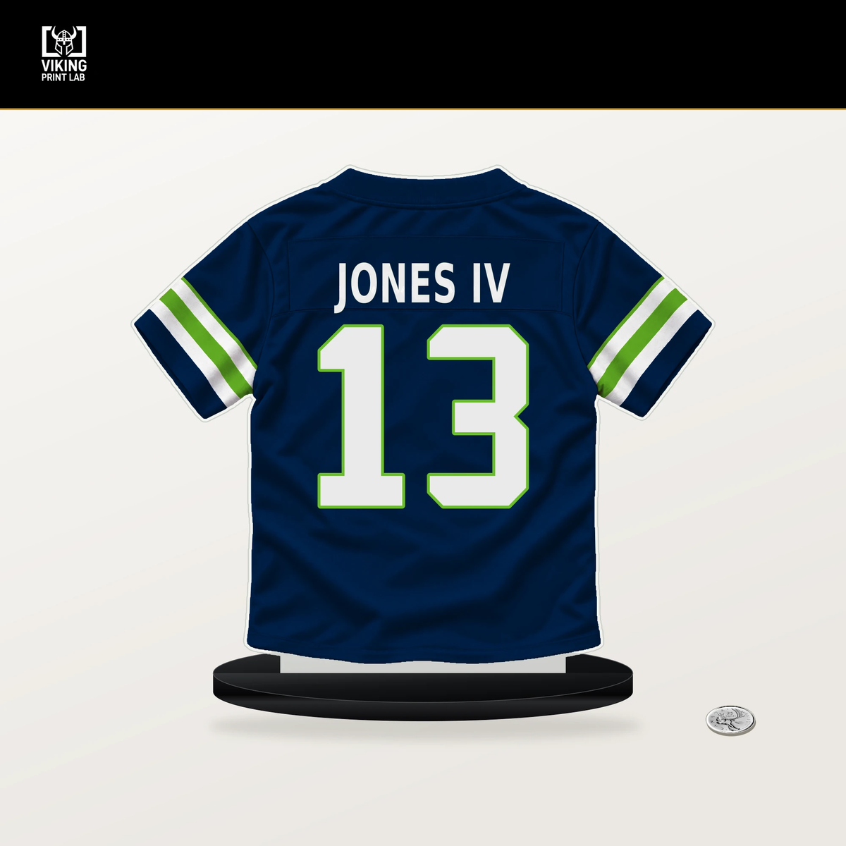 Ernest Jones IV number 13 Seattle Seahawks jersey stand with included black base.