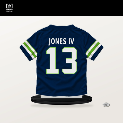 Ernest Jones IV number 13 Seattle Seahawks jersey stand with included black base.