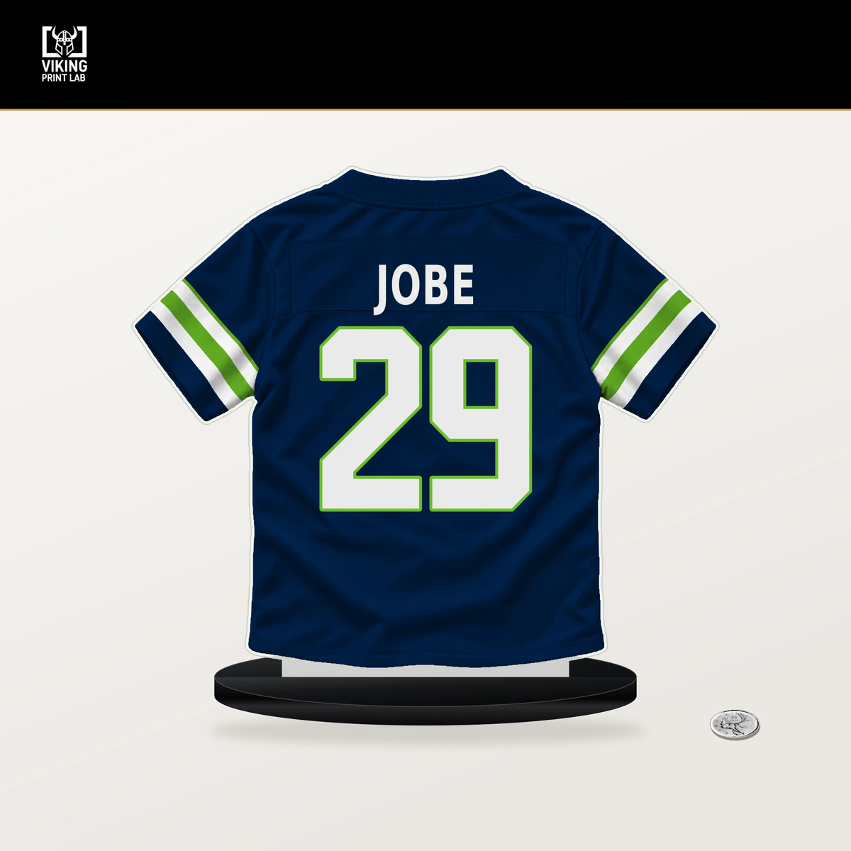 Josh Jobe number 29 Seattle Seahawks jersey stand with included black base.