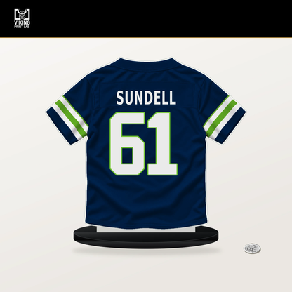 Jalen Sundell number 61 Seattle Seahawks jersey stand with included black base.