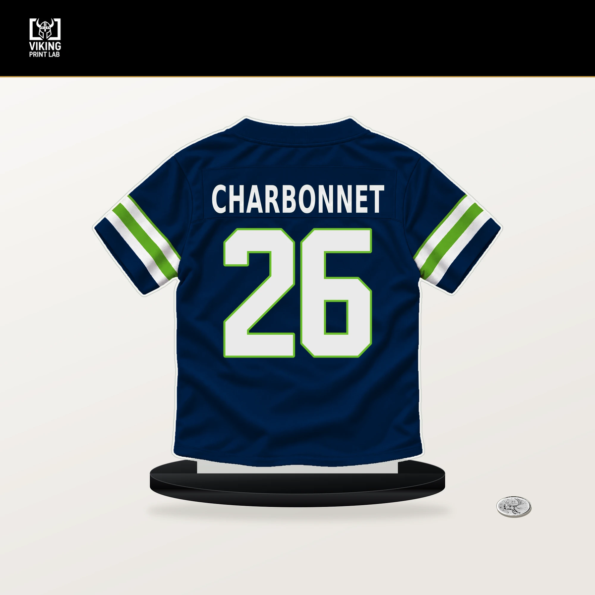 Zach Charbonnet number 26 Seattle Seahawks jersey stand with included black base.