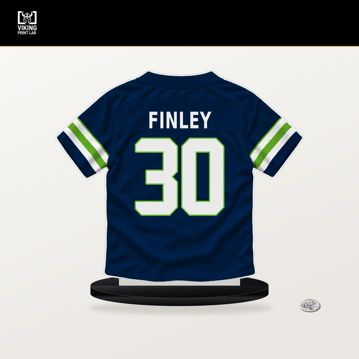 AJ Finley number 30 Seattle Seahawks jersey stand with included black base.