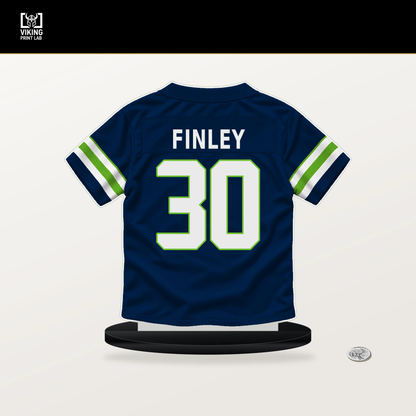 AJ Finley number 30 Seattle Seahawks jersey stand with included black base.