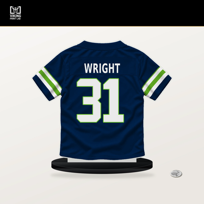 Jacardia Wright number 31 Seattle Seahawks jersey stand with included black base.