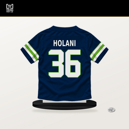 George Holani number 36 Seattle Seahawks jersey stand with included black base.