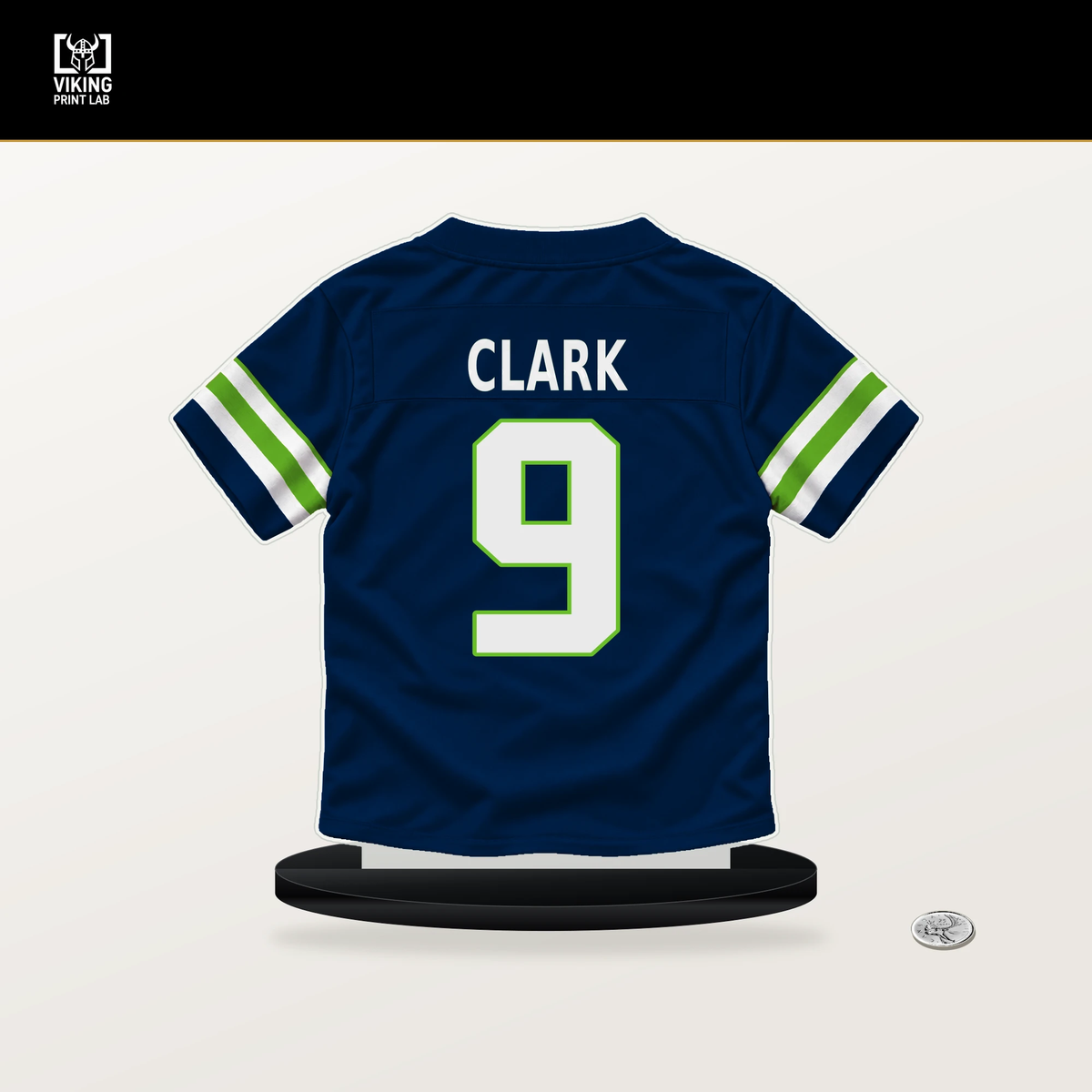 Bud Clark number 9 Seattle Seahawks jersey stand with included black base.