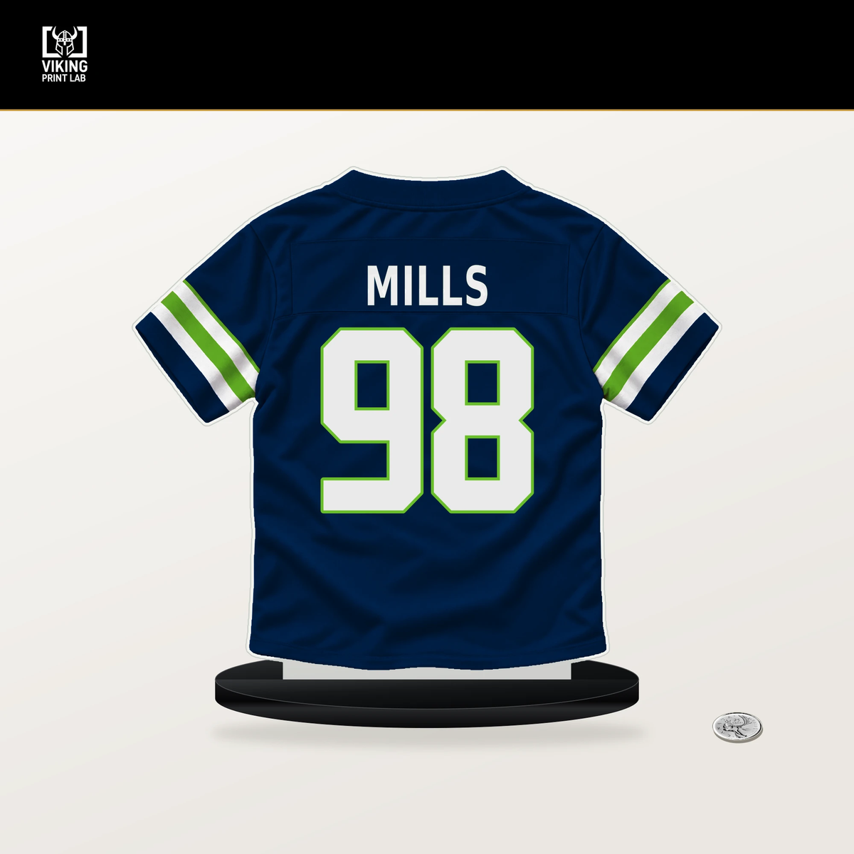 Rylie Mills number 98 Seattle Seahawks jersey stand with included black base.