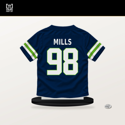 Rylie Mills number 98 Seattle Seahawks jersey stand with included black base.