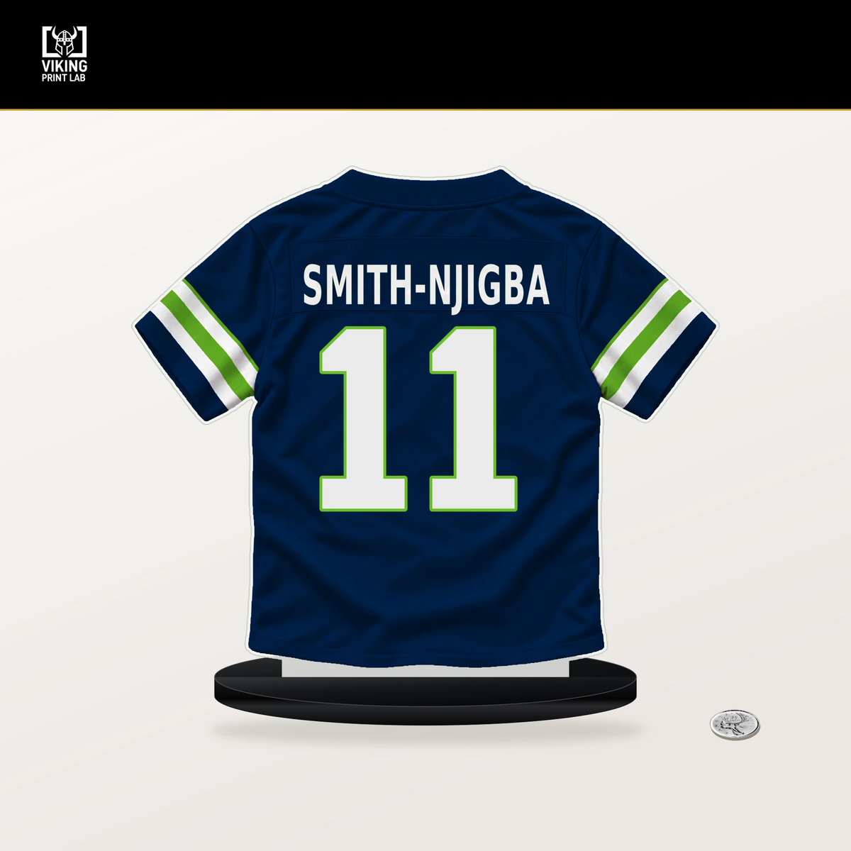 Jaxon Smith-Njigba number 11 Seattle Seahawks jersey stand with included black base.