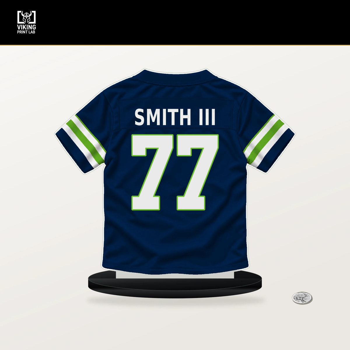 Gary Smith III number 77 Seattle Seahawks jersey stand with included black base.