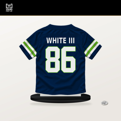 Ricky White III number 86 Seattle Seahawks jersey stand with included black base.