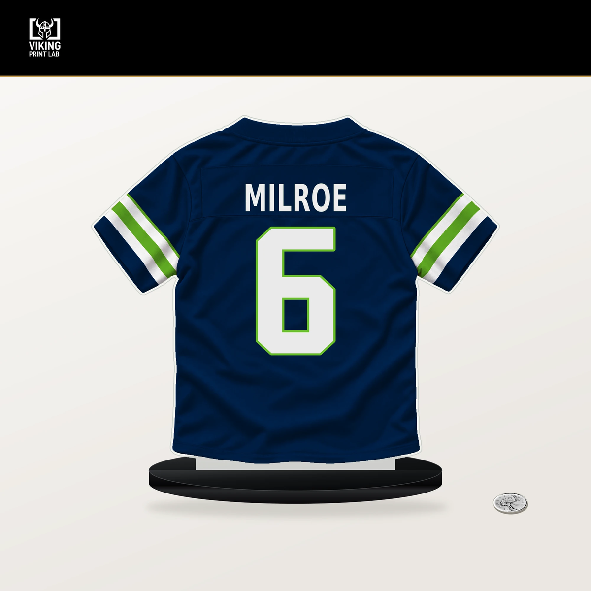 Jalen Milroe number 6 Seattle Seahawks jersey stand with included black base.
