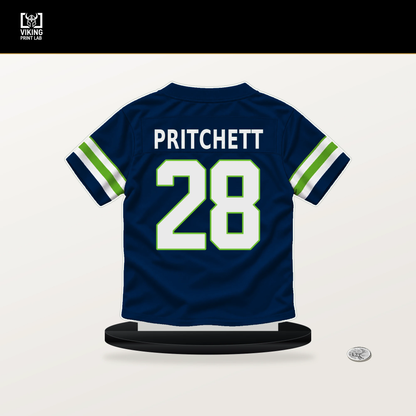 Nehemiah Pritchett number 28 Seattle Seahawks jersey stand with included black base.