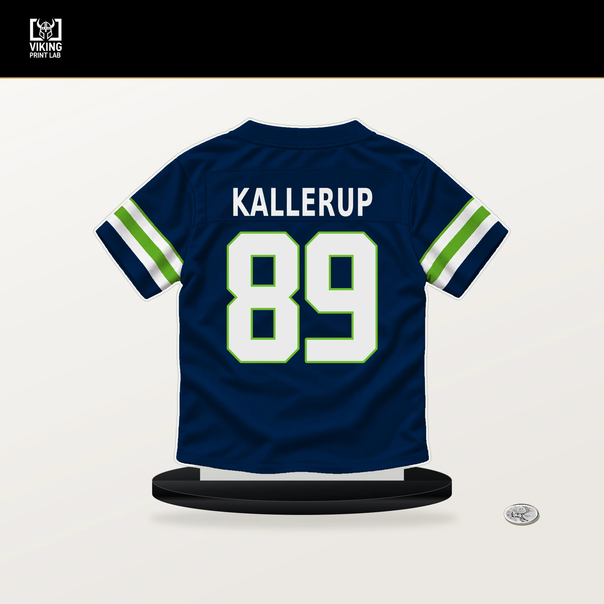 Nick Kallerup number 89 Seattle Seahawks jersey stand with included black base.