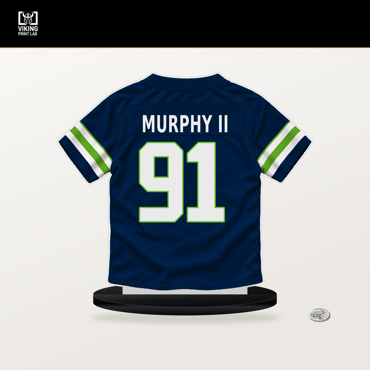 Byron Murphy II number 91 Seattle Seahawks jersey stand with included black base.