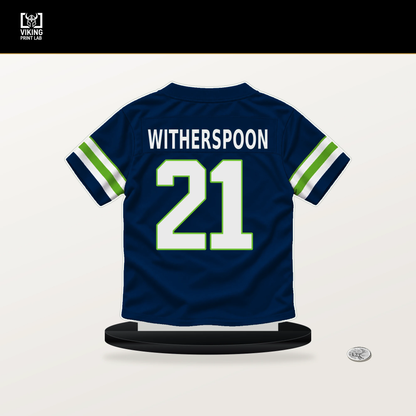 Devon Witherspoon number 21 Seattle Seahawks jersey stand with included black base.