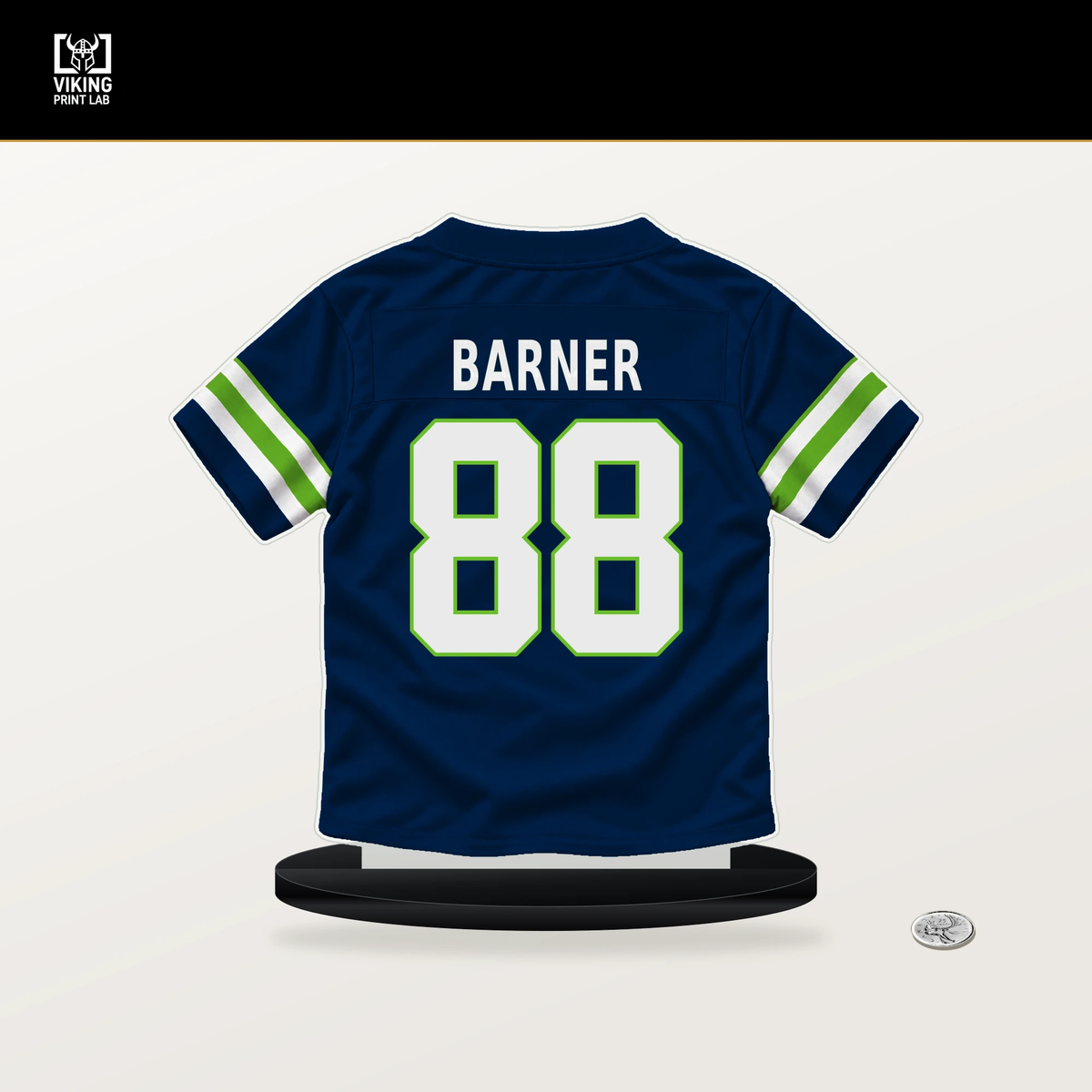 AJ Barner number 88 Seattle Seahawks jersey stand with included black base.