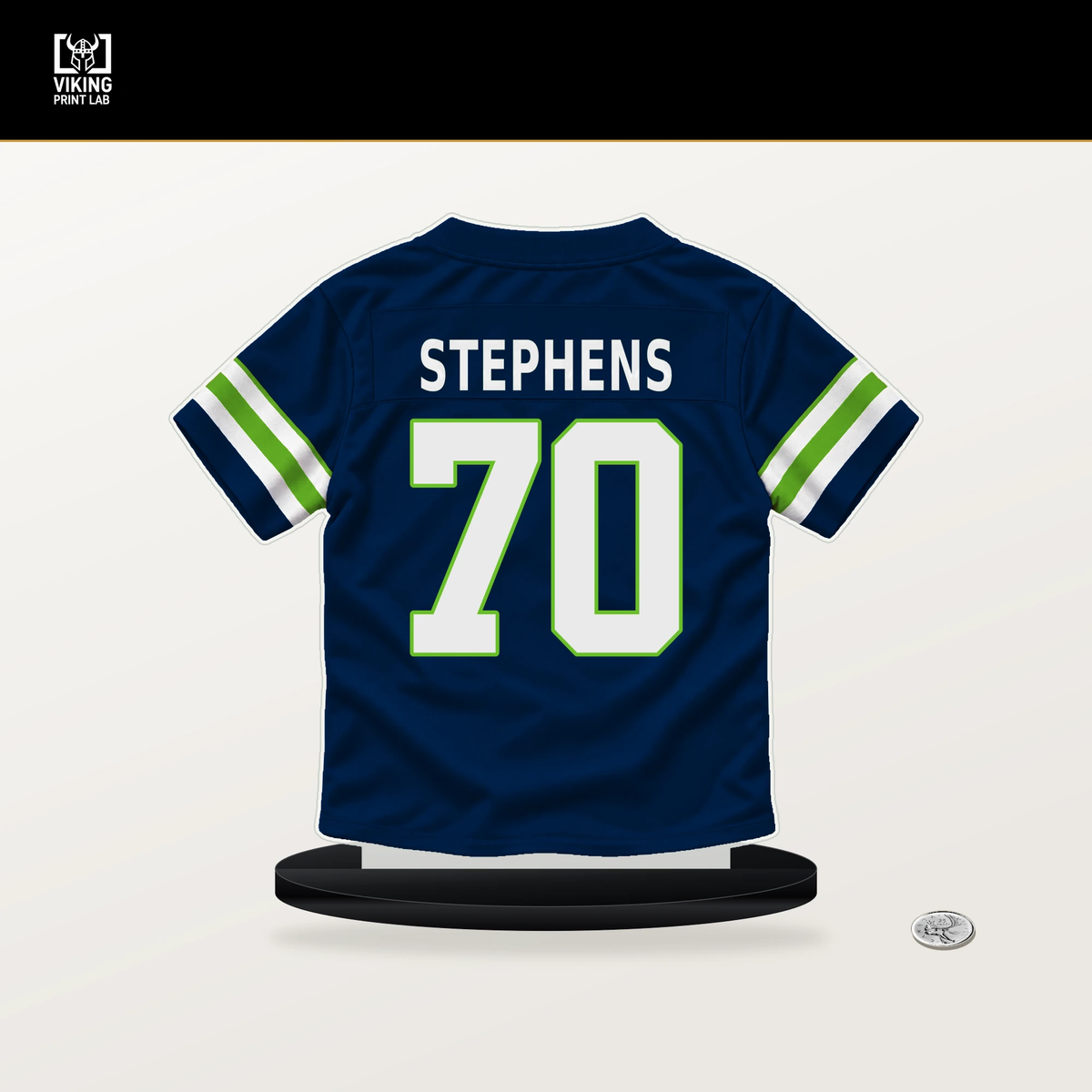 Beau Stephens number 70 Seattle Seahawks jersey stand with included black base.