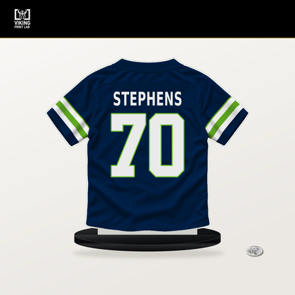 Beau Stephens number 70 Seattle Seahawks jersey stand with included black base.