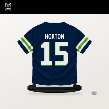 Tory Horton number 15 Seattle Seahawks jersey stand with included black base.