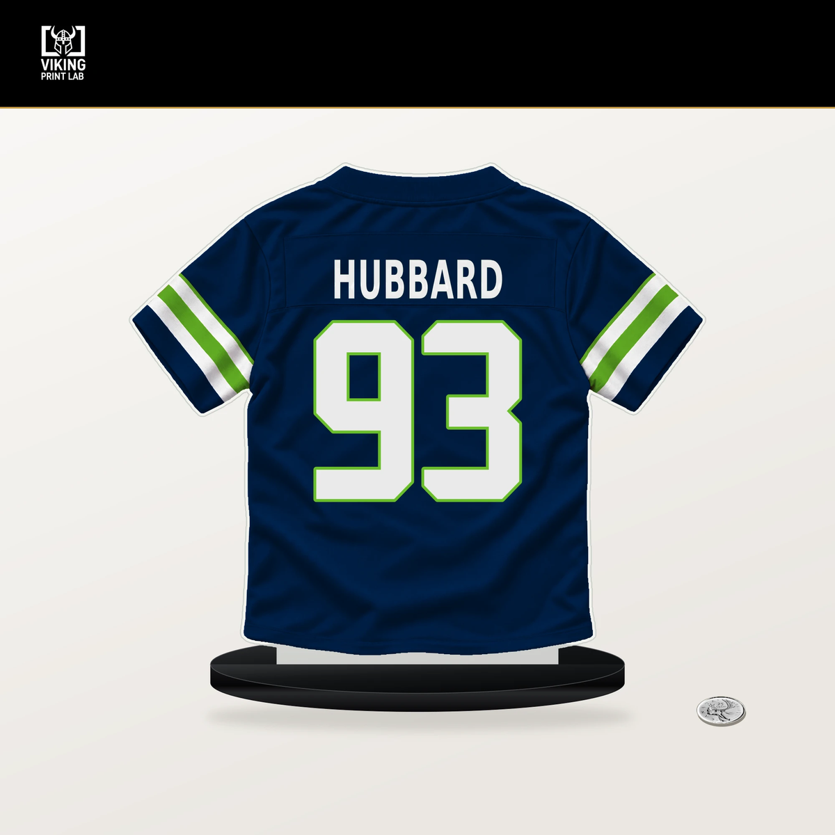 Aidan Hubbard number 93 Seattle Seahawks jersey stand with included black base.