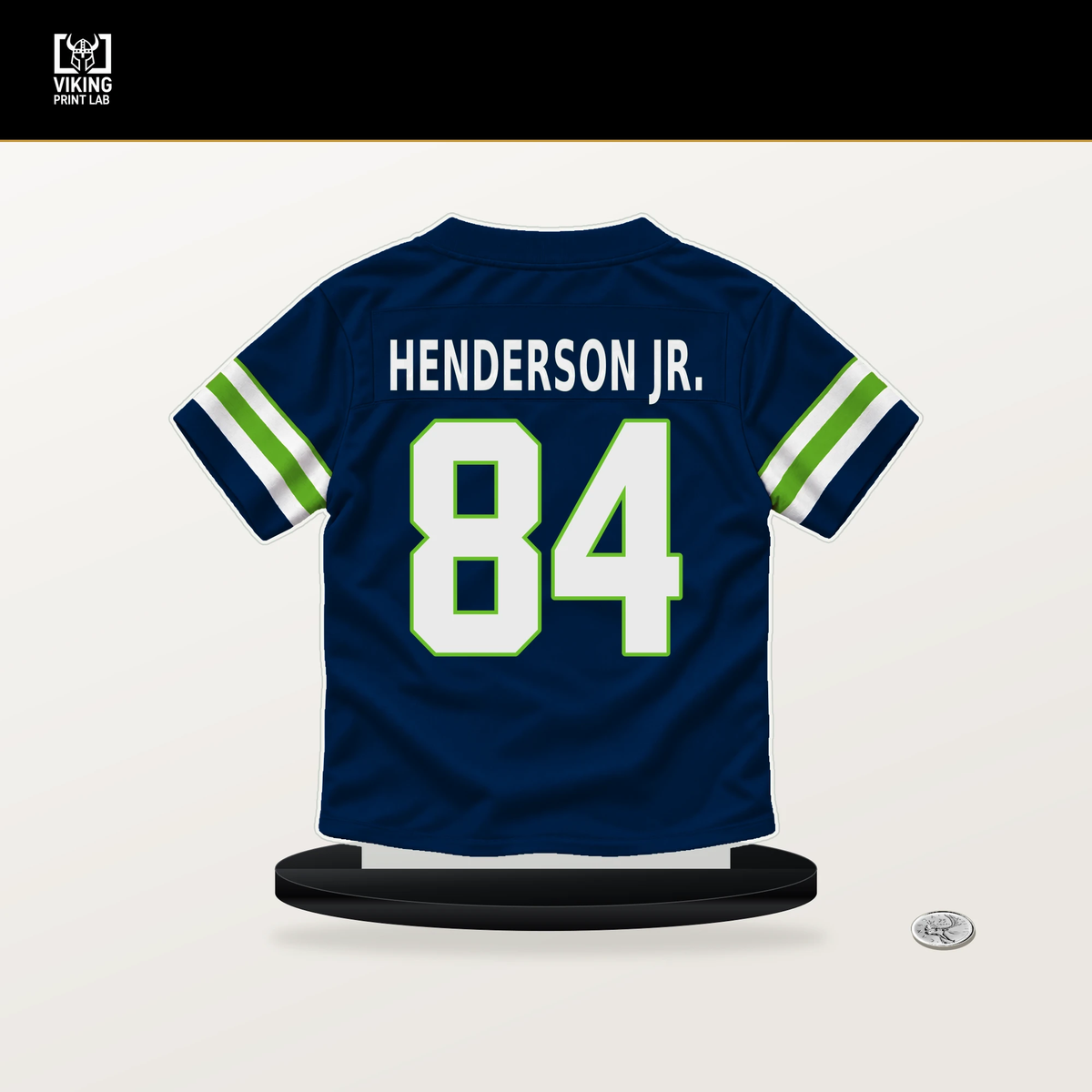 Emmanuel Henderson Jr. number 84 Seattle Seahawks jersey stand with included black base.