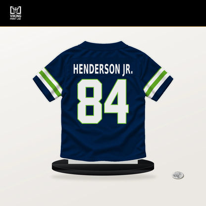 Emmanuel Henderson Jr. number 84 Seattle Seahawks jersey stand with included black base.