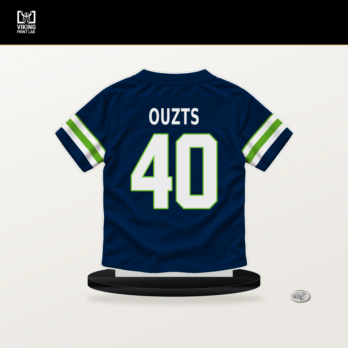 Robbie Ouzts number 40 Seattle Seahawks jersey stand with included black base.