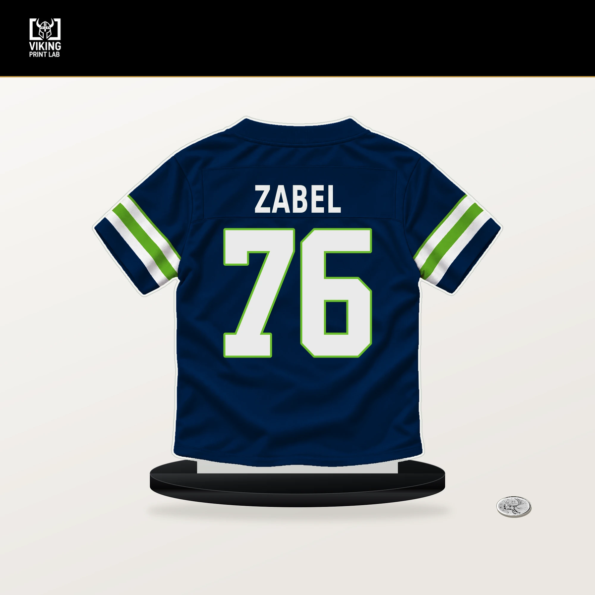 Grey Zabel number 76 Seattle Seahawks jersey stand with included black base.