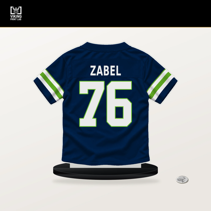 Grey Zabel number 76 Seattle Seahawks jersey stand with included black base.