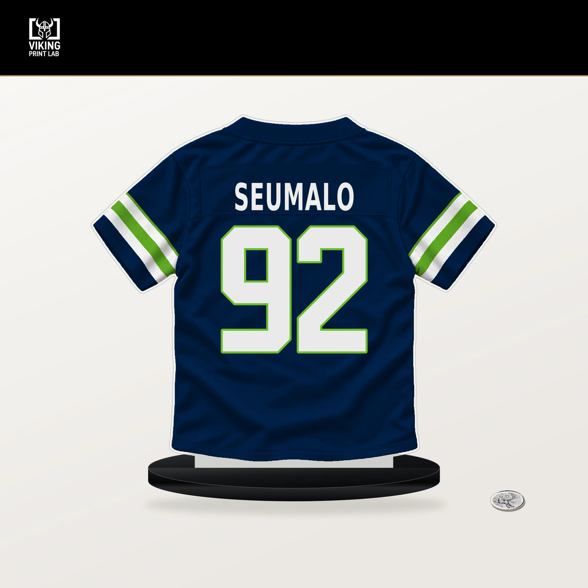 Uso Seumalo number 92 Seattle Seahawks jersey stand with included black base.