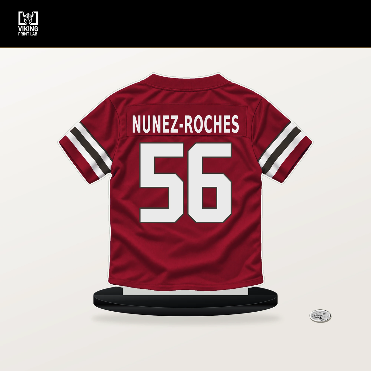 Rakeem Nunez-Roches number 56 Tampa Bay Buccaneers jersey stand with included black base.