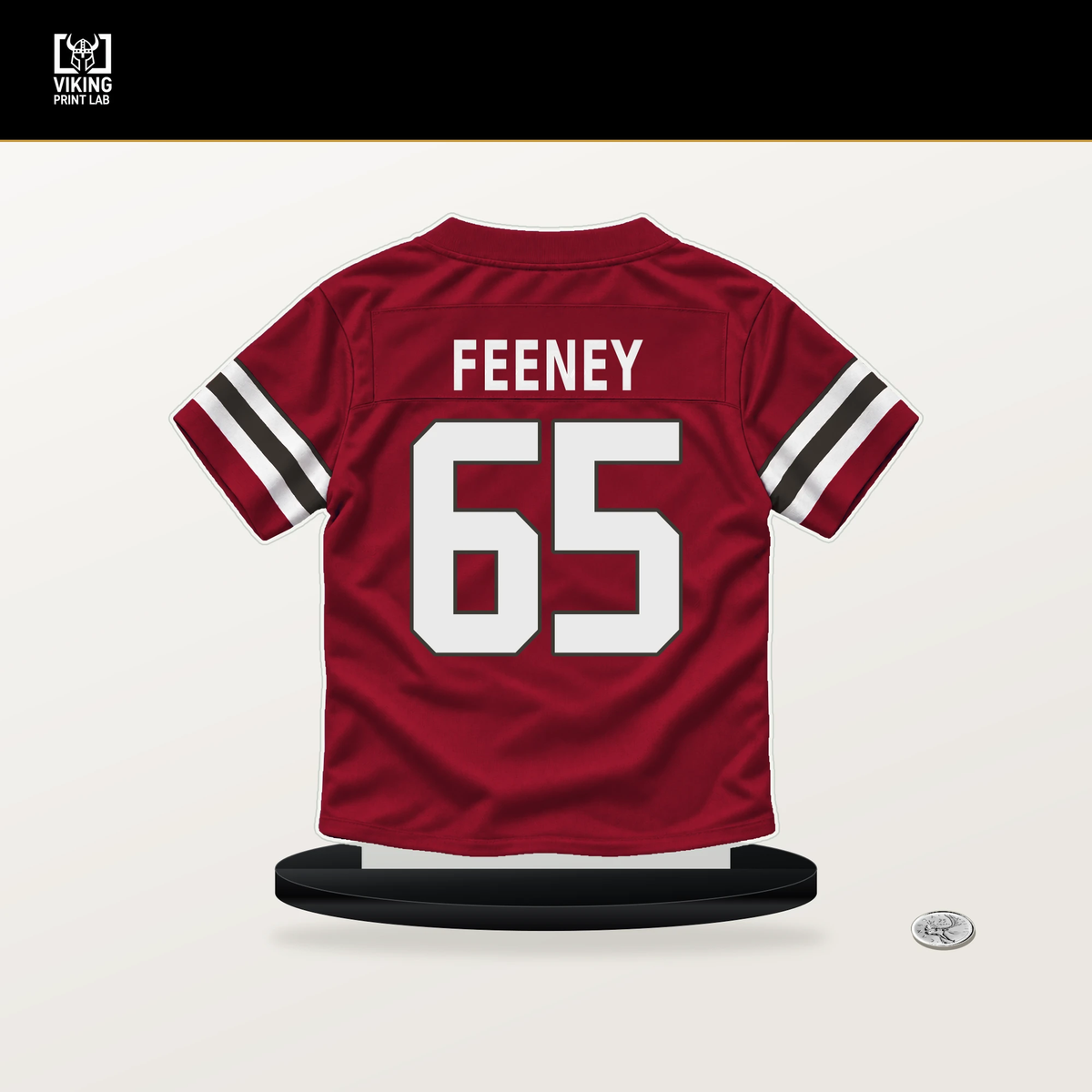 Dan Feeney number 65 Tampa Bay Buccaneers jersey stand with included black base.