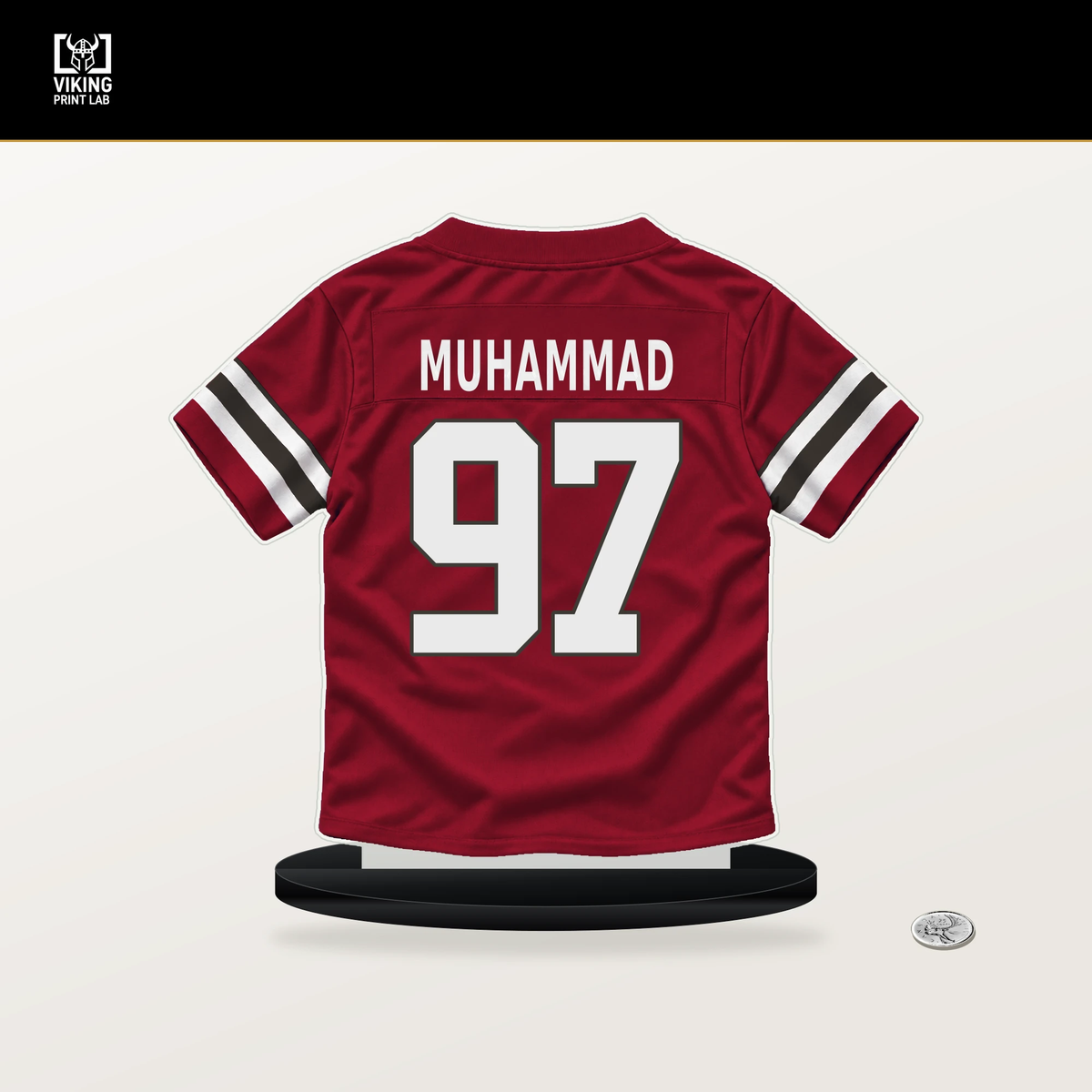Al-Quadin Muhammad number 97 Tampa Bay Buccaneers jersey stand with included black base.