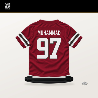 Al-Quadin Muhammad number 97 Tampa Bay Buccaneers jersey stand with included black base.