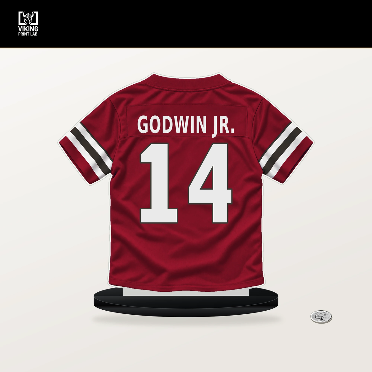 Chris Godwin Jr. number 14 Tampa Bay Buccaneers jersey stand with included black base.