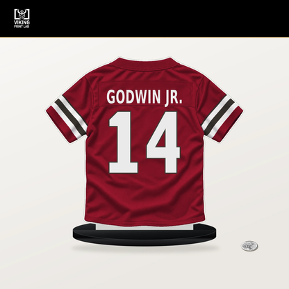 Chris Godwin Jr. number 14 Tampa Bay Buccaneers jersey stand with included black base.