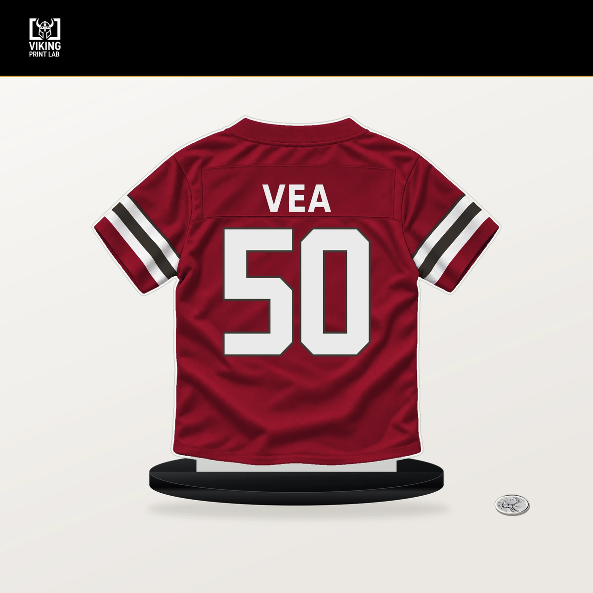Vita Vea number 50 Tampa Bay Buccaneers jersey stand with included black base.
