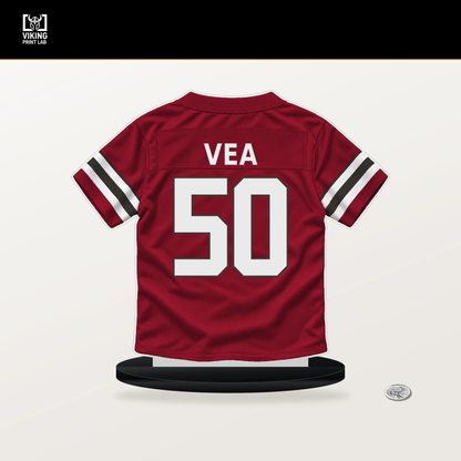 Vita Vea number 50 Tampa Bay Buccaneers jersey stand with included black base.