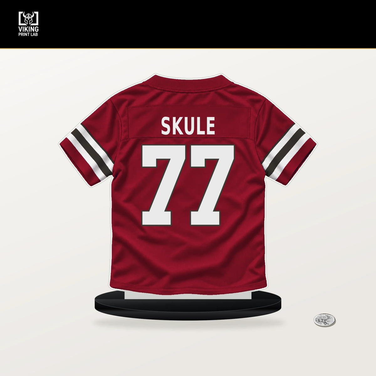 Justin Skule number 77 Tampa Bay Buccaneers jersey stand with included black base.